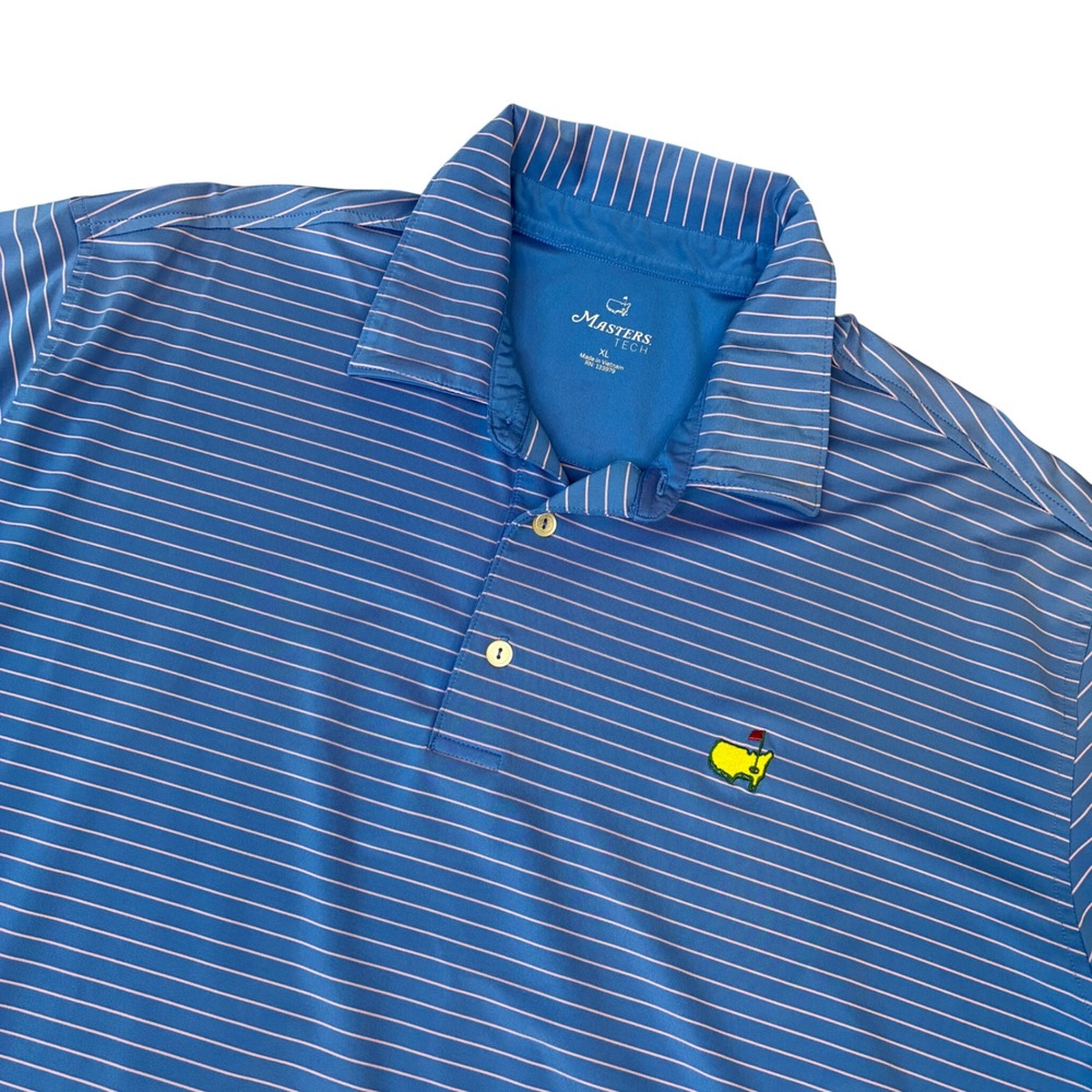 Masters Tech Polo Shirt Mens XL Blue Pink Striped Golf Performance Embroidered